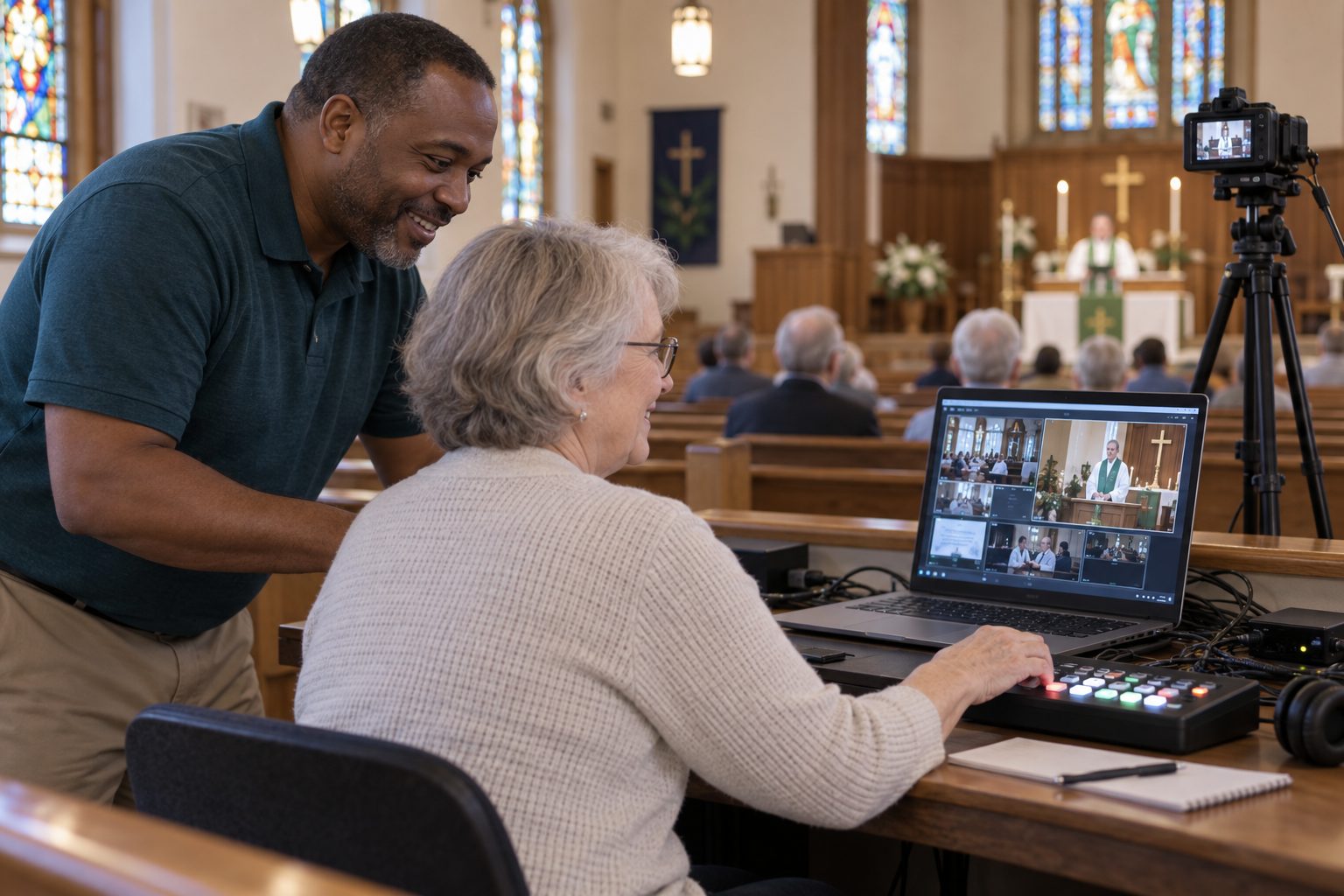 Two people practicing with church livestream equipment.